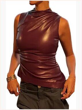 Faux Leather Mock Neck Ruched Sleeveless Tank Top Y2k